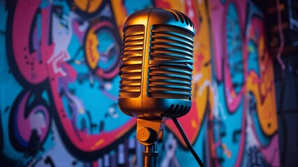 Vintage Microphone Illuminated: A Gleaming Retro Art Experience with Vibrant Graffiti Colors