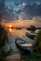 Fototapeta premium Sunset Casts Golden Hues Over Peaceful Lake With Wooden Boats Anchored by Lush Greenery