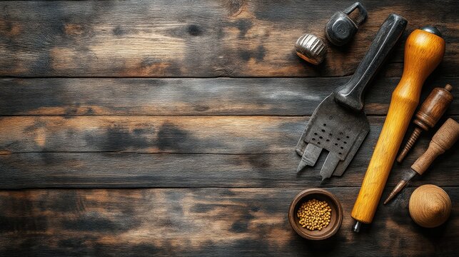 Collection of artisan tools on weathered wooden surface for crafting and diy projects