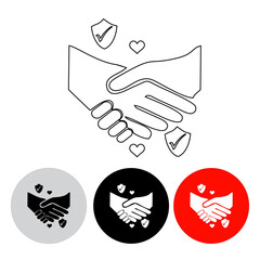 handshake icon has a heart and protection sign, line icon, black, dark white color using black, dark white and red buttons