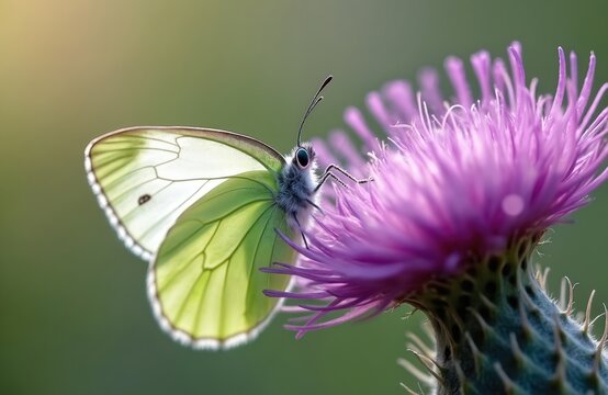 Close-up of green-white butterfly on purple flower. Nature theme with butterfly pollinating vibrant flower. Insect wings show intricate detail. Perfect for eco, biology, botany, wildlife content.