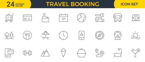 Travel Booking Icon Set. Stylish and user-friendly icons for enhancing travel apps, websites, and services, perfect for streamlining flight searches, hotel bookings, and adventure planning.