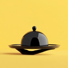 Obraz premium 3D render of an abstract human hand holding a cloche tray on a yellow background, in a minimalistic style with a black color palette. --v 6.1 Job ID: 055c80c2-9093-41cb-9120-c2ff91959203