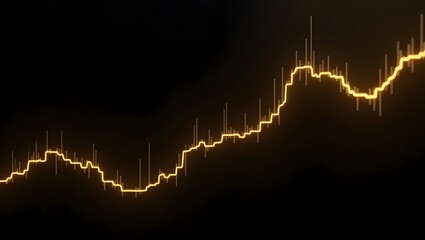 A minimalist and luxurious gold themed stock market scene with glowing golden candlestick charts on a dark background, reflecting on a glossy surface. 