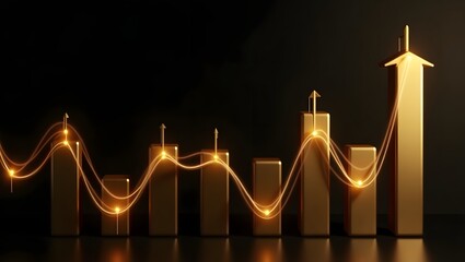A minimalist and luxurious gold themed stock market scene with glowing golden candlestick charts on a dark background, reflecting on a glossy surface. 