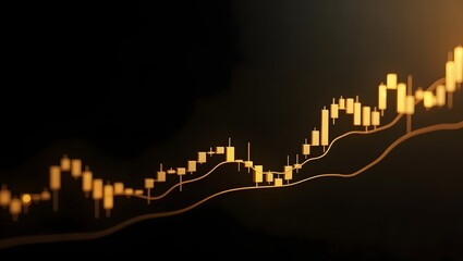 A minimalist and luxurious gold themed stock market scene with glowing golden candlestick charts on a dark background, reflecting on a glossy surface. 