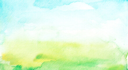 Fototapeta premium Watercolor painting, landscape of bright grass, steppe, yellow flowers, plants, field, meadow against a bright blue sky. Grunge texture, strokes. Beautiful fashionable design. Drawing of a windy field