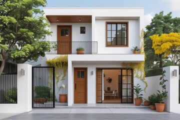 Beautiful Modern House with Yellow Flowers and a Clean Design

