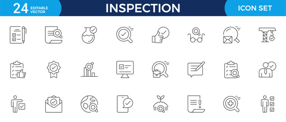 Inspection web icons set in thin line design. Pack of inspection, hire, calculation money, coaching, protection, cooperation, success, task, other outline stroke pictograms.