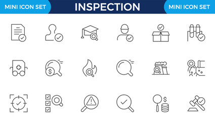 Inspection web icons set in thin line design. Pack of inspection, hire, calculation money, coaching, protection, cooperation, success, task, other outline stroke pictograms.