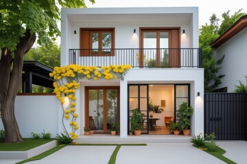 Stylish House Exterior with Yellow Flowers Climbing the Front Wall

