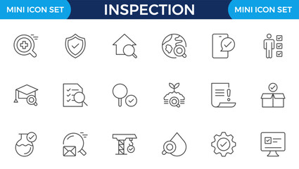 Inspection web icons set in thin line design. Pack of inspection, hire, calculation money, coaching, protection, cooperation, success, task, other outline stroke pictograms.