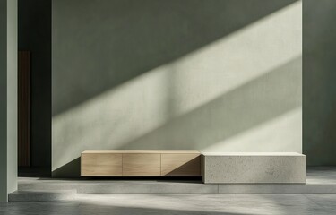3D rendering of a modern interior design background with an empty wall mockup and a sideboard in a minimalistic style. The color is a faded sage green, with a gray floor and light wood furniture. This