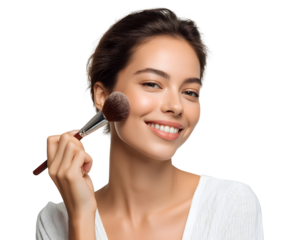 A smiling woman is applying blush to her cheek with a makeup brush, looking radiant.