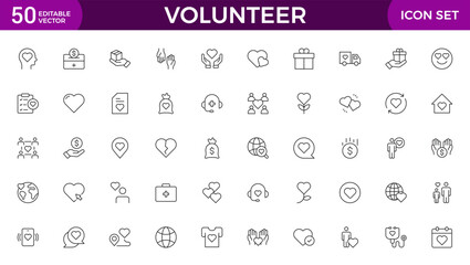 Volunteer icon set. Charity and Volunteering thin line style of philanthropic icons: almsgiving, helping those in need, donation, contribution, humanism, altruism