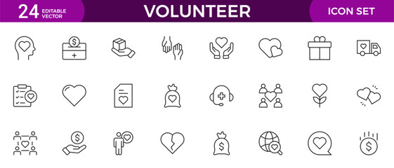 Volunteer icon set. Charity and Volunteering thin line style of philanthropic icons: almsgiving, helping those in need, donation, contribution, humanism, altruism
