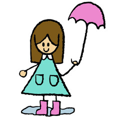 Fototapeta premium Hand drawn crayon illustration of happy girl holding umbrella and wearing boots for rainy season, back to school, students, children, childhood, people, human, sticker, playground, family members
