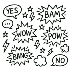 Collection of speech bubbles with different phrases WOW, BOOM, POW. Vector illustration in doodle style.