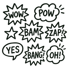 Collection of speech bubbles with different phrases WOW, BOOM, POW. Vector illustration in doodle style.