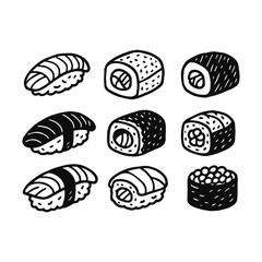 Set of sushi in hand drawn marker style. Vector doodle illustration isolated on white background.