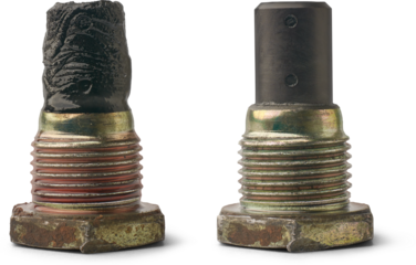 close-up of automatic transmission drain screw with magnetic tip isolated white background, collected sludge black metal particles or shavings from internal wear with clean plug, car service diagnosis