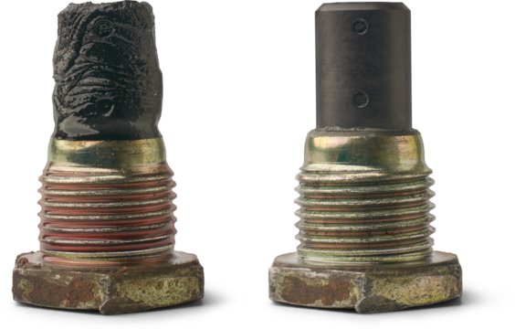close-up of automatic transmission drain screw with magnetic tip isolated white background, collected sludge black metal particles or shavings from internal wear with clean plug, car service diagnosis