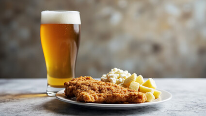 Crispy Wiener Schnitzel with Potato Salad and Large German Lager
