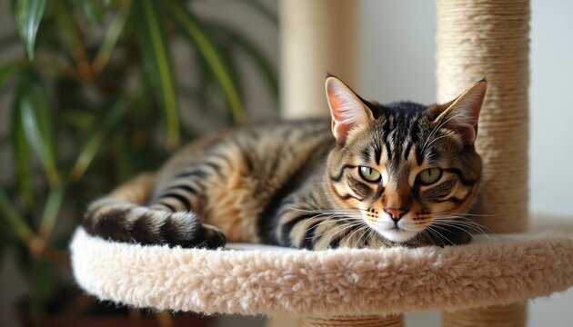 Tabby cat relaxing on cat tree platform. Domestic feline rests comfortably, enjoying indoor home life. Cute fluffy pet has peaceful sleep at home with owner. Cat lover pet, domestic animal.