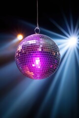 Obraz premium A disco ball is suspended from a string and is illuminated by a bright light. The ball is purple and has a shiny, reflective surface. Concept of fun and excitement