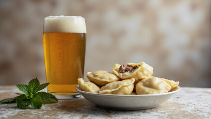 Lithuanian Cepelinai Potato Dumplings with Meat and Švyturys Ekstra Beer