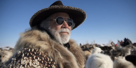 Ritratto di un uomo anziano con pelliccia, cappello e occhiali da sole