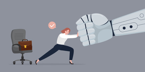 Businesswoman confronts robot fist. Female employee defends her workplace from robot or AI machine. Chatbot replaces human. New technologies