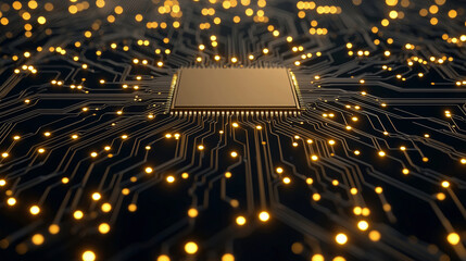 Close up view of circuit board featuring central processing unit surrounded by glowing connections, representing advanced technology