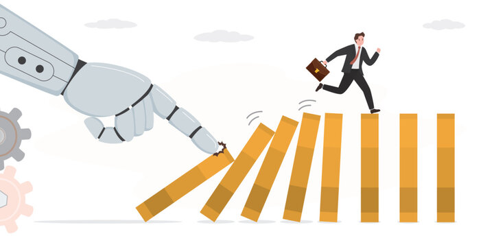 Robot arm push to collapse domino, businessman run away from financial loss. AI bot to disrupt human work, Artificial intelligence impact or challenge, job uncertainty,