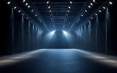 3D rendering of an empty stage with spotlights and a truss system for a concert or fashion show, against a dark background. A blank scene for a product presentation platform mockup design. 