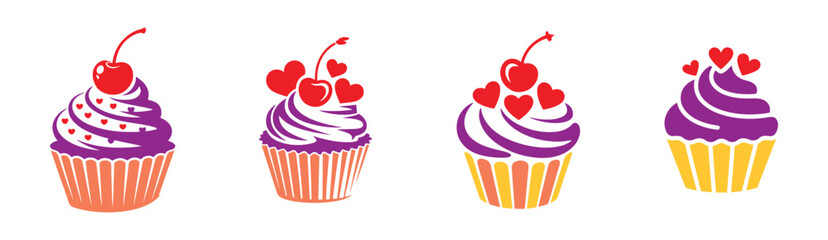 Colorful cupcake love, cherry vector. Cupcake icon symbol illustration