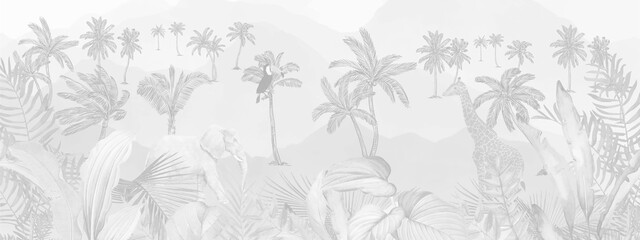 Tropical Jungle Pattern Wallpaper - Grayscale Palm Leaves & Botanical Wall Mural © csinie1