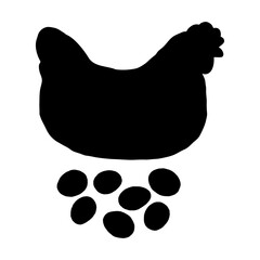 Simple shape of a hen and eggs. Hand drawn bold illustration for farm-themed product designs