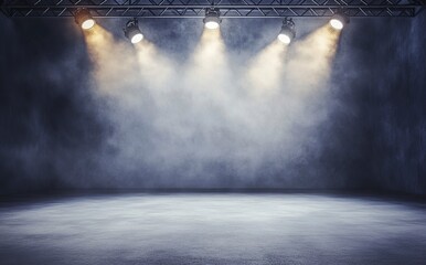3D rendering of an empty stage with spotlights and a truss system for a concert or fashion show, against a dark background. A blank scene for a product presentation platform mockup design. 