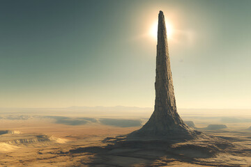 A lone, needle-like rock spire piercing the sky, standing against a vast, sunlit desert plain