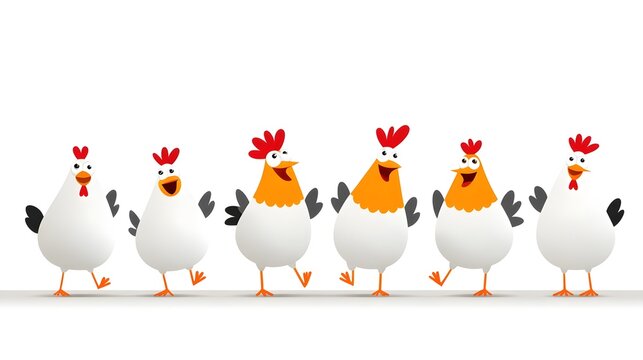 Happy dancing chickens in a row on a farm, in a playful cartoon style