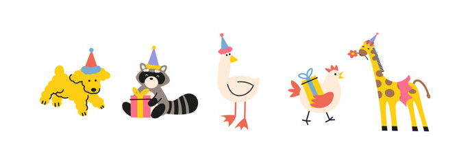 Fototapeta premium Happy birthday animals in hand draw doodle style.Festive pets happy birthday. Cartoon stickers for cards, invitations and posters. Happy animals to celebrate party with birthday atributes