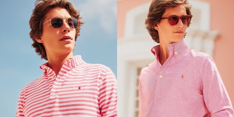 Diptico di giovane uomo con polo a righe e polo rosa