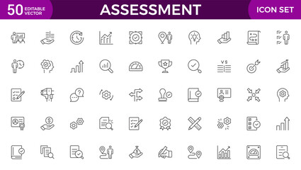 Assessment icons set. Stroke thin line vector illustration with goals, results, process, quality, evaluation, planning, analysis, auditing, financial report, measuring, expertise