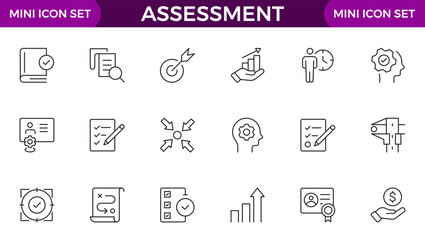 Assessment icons set. Stroke thin line vector illustration with goals, results, process, quality, evaluation, planning, analysis, auditing, financial report, measuring, expertise