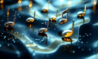 Gold music notes on wet surface reflecting light with bokeh background - Powered by Adobe