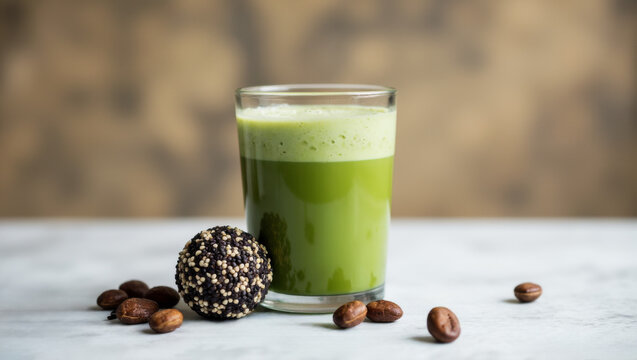 Vibrant Matcha Latte with Healthy Black Sesame Energy Ball for Healthy Snack