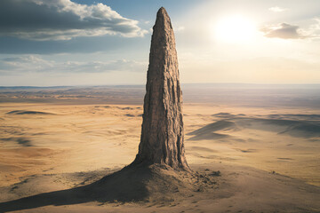 A lone, needle-like rock spire piercing the sky, standing against a vast, sunlit desert plain