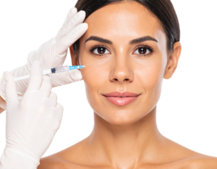 A woman receives a cosmetic facial injection from a gloved professional, highlighting aesthetic treatment and skincare procedures.