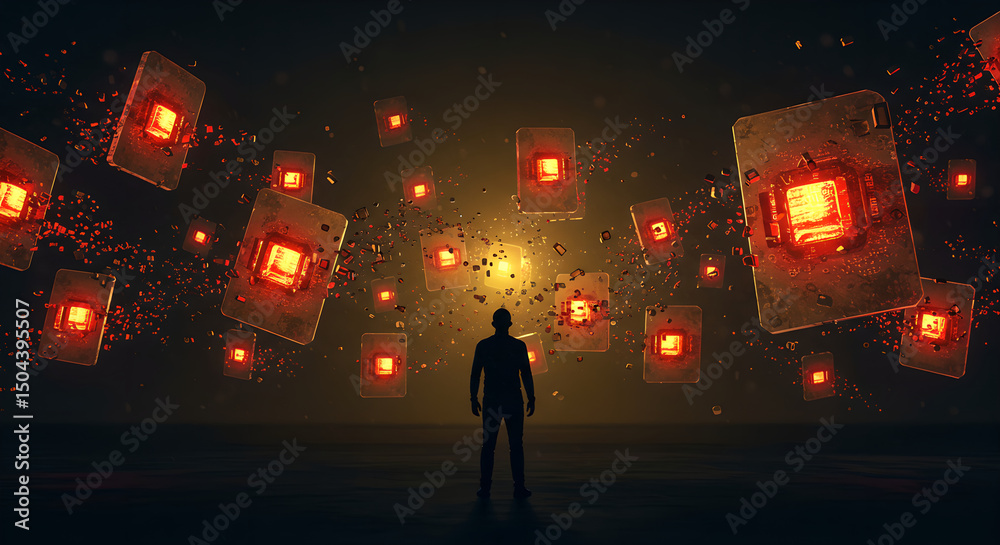 Poster man standing in front of glowing microchips, technological concept of data processing. abstract futu